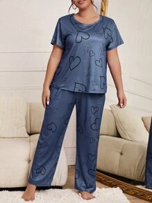 Plus Heart And Letter Graphic Tee & Trousers PJ Set - Navy Blue - View 4