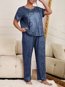 Plus Heart And Letter Graphic Tee & Trousers PJ Set - Navy Blue - View 6