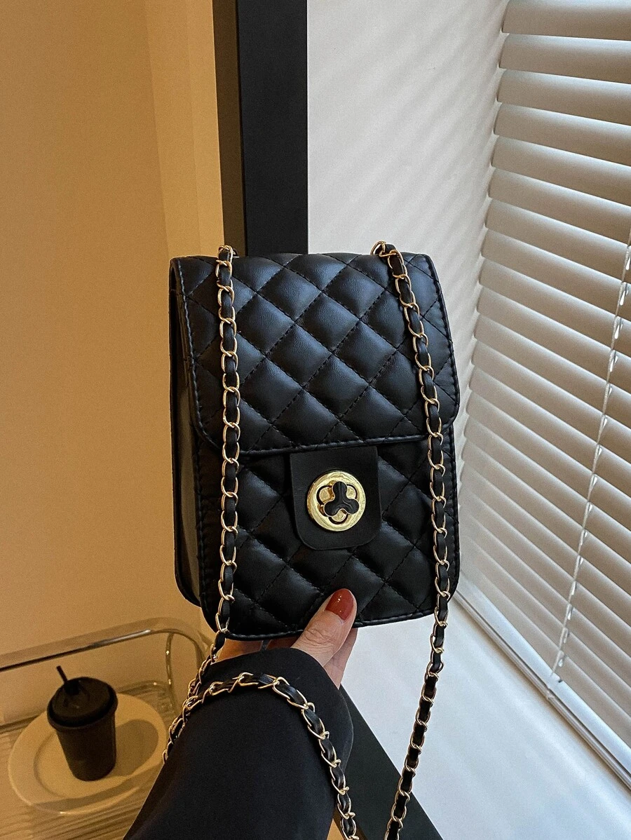 迷你翻蓋方包絎縫圖案轉鎖 - 黑色 - 查看 1