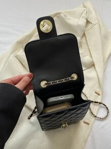 迷你翻蓋方包絎縫圖案轉鎖 - 黑色 - 查看 5