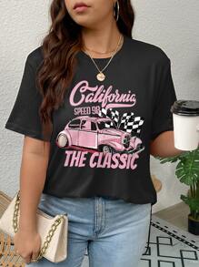 SHEIN LUNE Áo thun Plus size Ô tô/xe hơi Lá thư Giải trí - màu đen - Xem 3