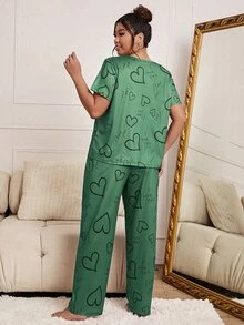 Plus Heart & Slogan Graphic PJ Set - Green - View 2