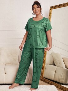 Plus Heart & Slogan Graphic PJ Set - Green - View 6