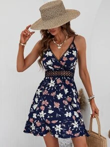 SHEIN VCAY Floral Print Guipure Lace Insert Cami Dress