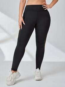 Plus Contrast Mesh Phone Pocket Side Sports Leggings - Black - View 4