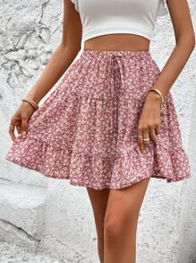SHEIN VCAY 小碎花荷葉邊腰上打結半身裙 - 藕粉色 - 查看 1