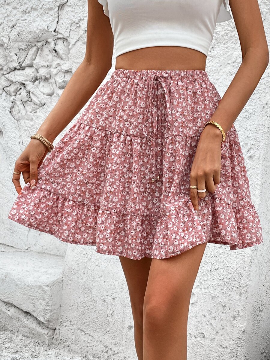 SHEIN VCAY 小碎花荷葉邊腰上打結半身裙 - 藕粉色 - 查看 1