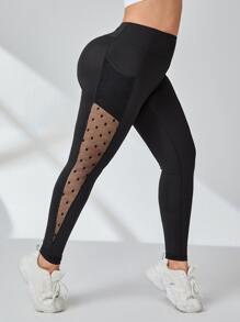 Plus Contrast Mesh Phone Pocket Side Sports Leggings - Black - View 2