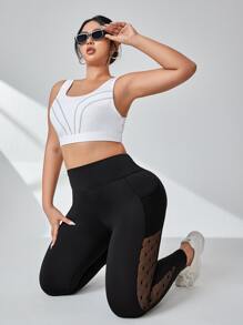 Plus Contrast Mesh Phone Pocket Side Sports Leggings - Black - View 5