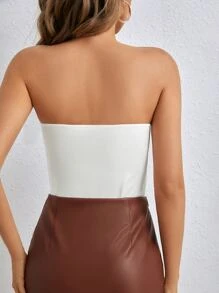 SHEIN PETITE Solid V-bar Tube Bodysuit - White - View 2