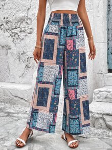 SHEIN VCAY 佩斯利絲巾圖案腰部打褶闊腿褲