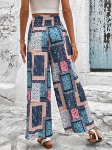 SHEIN VCAY 佩斯利絲巾圖案腰部打褶闊腿褲