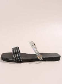 Women Rhinestone Decor Braided Detail Flat Sandals, Glamorous Slide Sandals For Summer - Black - View 2