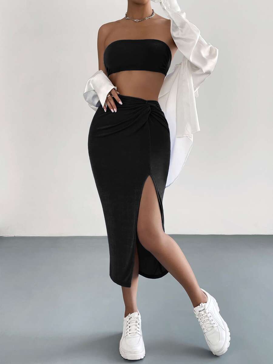 SHEIN Essnce Bộ đồ hai mảnh nữ Tách cao màu trơn Gợi cảm - màu đen - Xem 1