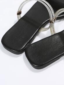 Women Rhinestone Decor Braided Detail Flat Sandals, Glamorous Slide Sandals For Summer - Black - View 4