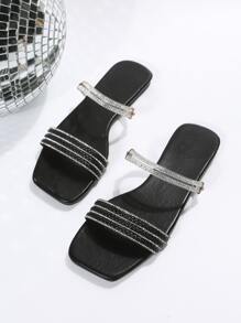 Women Rhinestone Decor Braided Detail Flat Sandals, Glamorous Slide Sandals For Summer - Black - View 5