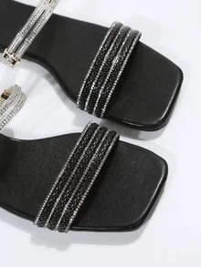 Women Rhinestone Decor Braided Detail Flat Sandals, Glamorous Slide Sandals For Summer - Black - View 6