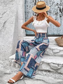 SHEIN VCAY 佩斯利絲巾圖案腰部打褶闊腿褲