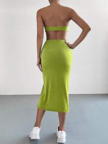 SHEIN Essnce Solid Tube Top & Twist Front Split Thigh Skirt - Lime Green - View 2