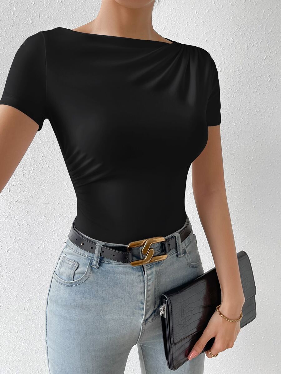 SHEIN Privé Áo thun nữ Xù màu trơn Giải trí - màu đen - Xem 1