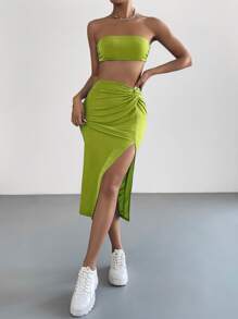 SHEIN Essnce Solid Tube Top & Twist Front Split Thigh Skirt - Lime Green - View 4