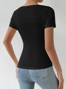 SHEIN Privé Áo thun nữ Xù màu trơn Giải trí - màu đen - Xem 2