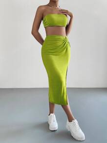 SHEIN Essnce Solid Tube Top & Twist Front Split Thigh Skirt - Lime Green - View 5