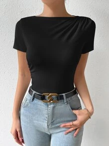 SHEIN Privé Áo thun nữ Xù màu trơn Giải trí - màu đen - Xem 4