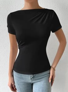 SHEIN Privé Áo thun nữ Xù màu trơn Giải trí - màu đen - Xem 5