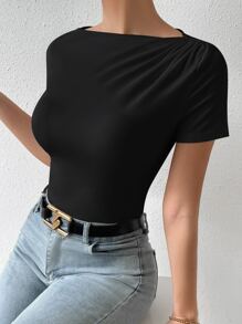 SHEIN Privé Áo thun nữ Xù màu trơn Giải trí - màu đen - Xem 6