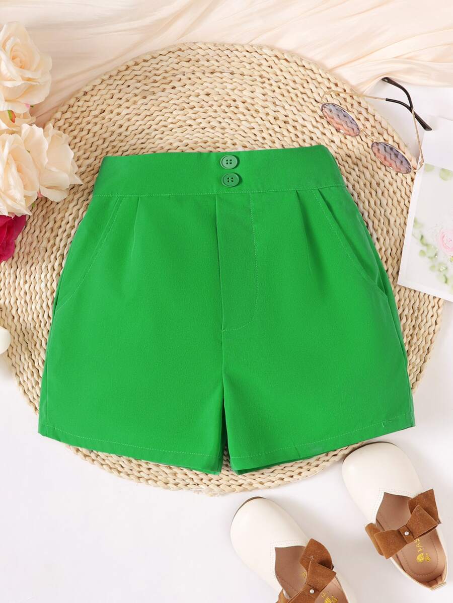 SHEIN Quần Short Gái Túi màu trơn Giải trí - màu xanh lá - Xem 1