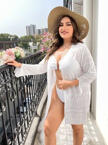 Kimono de punto de malla con abertura lateral - Blanco - Ver 4