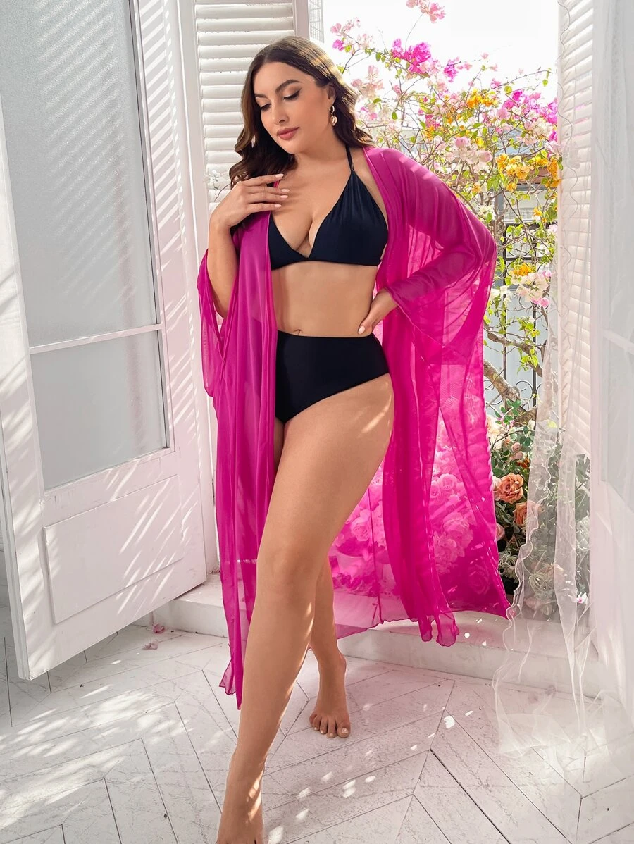 SHEIN Swim Curve 大碼素色透視網紗和服罩衫 - 玫紅色 - 查看 1