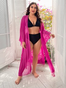 SHEIN Swim Curve 大碼素色透視網紗和服罩衫 - 玫紅色 - 查看 4