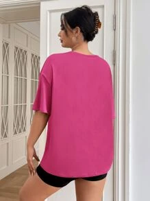 SHEIN EZwear 大碼豹紋和字母圖案落肩T恤 - 玫紅色 - 查看 2