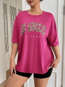 SHEIN EZwear 大碼豹紋和字母圖案落肩T恤 - 玫紅色 - 查看 4