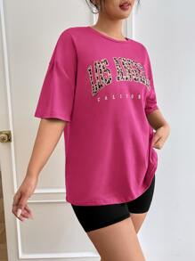 SHEIN EZwear 大碼豹紋和字母圖案落肩T恤 - 玫紅色 - 查看 5