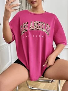 SHEIN EZwear 大碼豹紋和字母圖案落肩T恤 - 玫紅色 - 查看 6