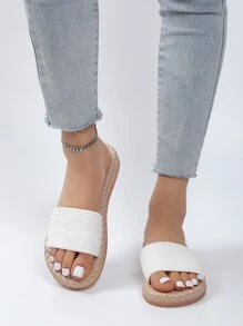 女式單帶平底涼鞋夏季度假白色燈芯絨拖鞋涼鞋 - 白色 - 查看 5