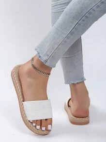 女式單帶平底涼鞋夏季度假白色燈芯絨拖鞋涼鞋 - 白色 - 查看 6