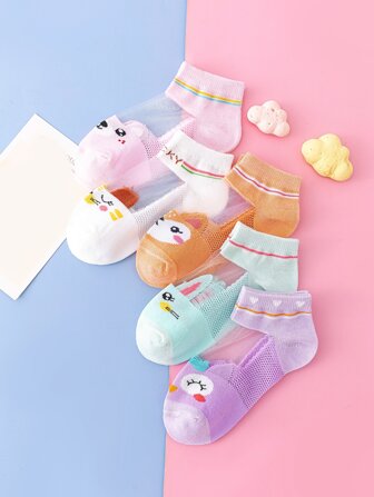 5雙女童冰絲網眼動物圖案襪子,短襪