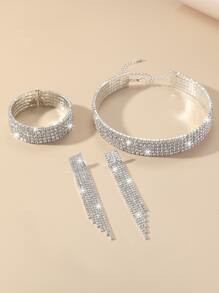 3入組/套奢華水鑽首飾套裝適用於女士適合婚禮派對 - 銀色 - 查看 3