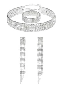 3入組/套奢華水鑽首飾套裝適用於女士適合婚禮派對 - 銀色 - 查看 4