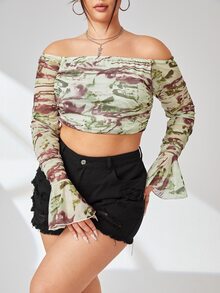 SHEIN Privé Plus Allover Print Off Shoulder Flounce Sleeve Crop Top - Multicolor - View 5