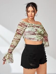 SHEIN Privé Plus Allover Print Off Shoulder Flounce Sleeve Crop Top - Multicolor - View 6