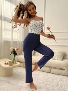 Ditsy Floral Print Cami Top & Drawstring Waist Trousers PJ Set - Blue and White - View 4