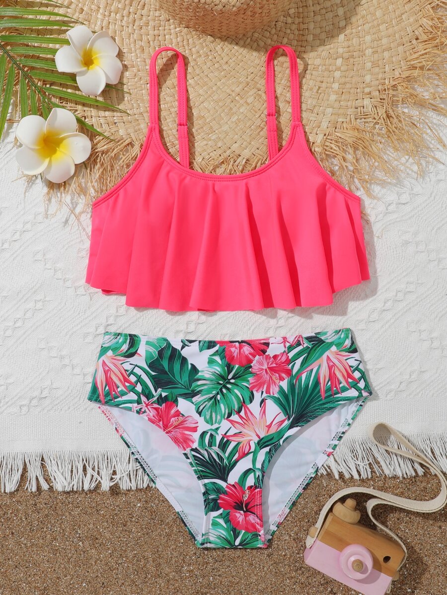 Tween Girl Tropical Print Ruffle Hem Bikini Set Summer Beach - Multicolor - View 1