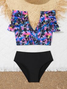Conjunto de bikini con estampado tropical y ribete de volantes para niña preadolescente, para playa de verano - Multicolor - Ver 3