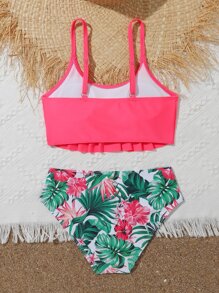Tween Girl Tropical Print Ruffle Hem Bikini Set Summer Beach - Multicolor - View 2