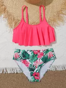 Tween Girl Tropical Print Ruffle Hem Bikini Set Summer Beach - Multicolor - View 3
